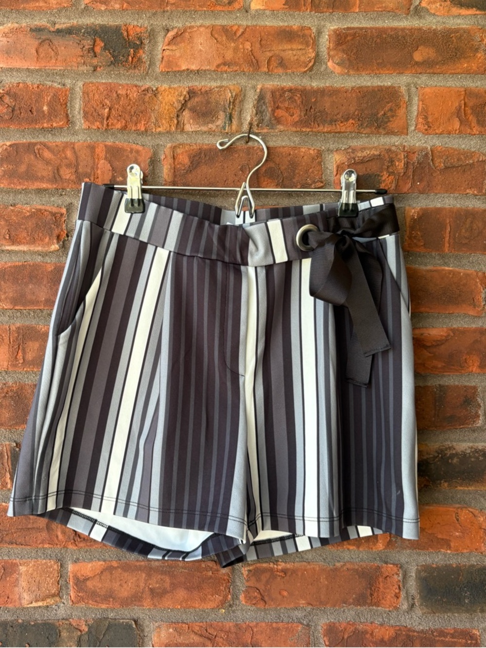 VENUS Black and Gray Vertical Stripe High-Waist Shorts with Tie